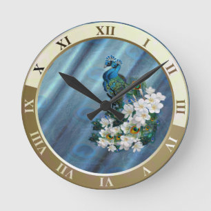 Horloge Ronde Peacocks bleu-vert métallique sur soie vert émerau