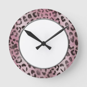Horloge Ronde Peau de léopard en rose rose