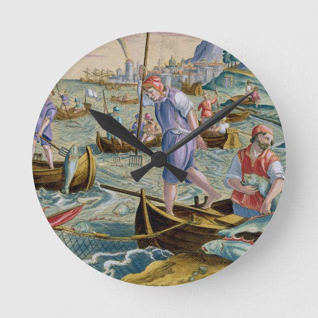 Horloge Ronde Pêche avec des filets et des tridents dans la baie (Recto)