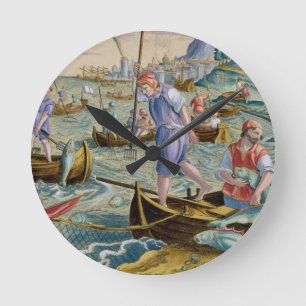 Horloge Ronde Pêche avec des filets et des tridents dans la baie