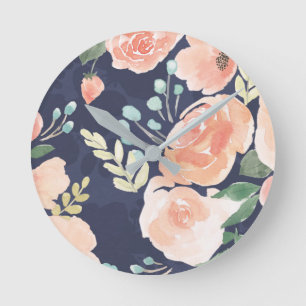 Horloge Ronde Pêche de floraison du plaisir   et roses et pavot