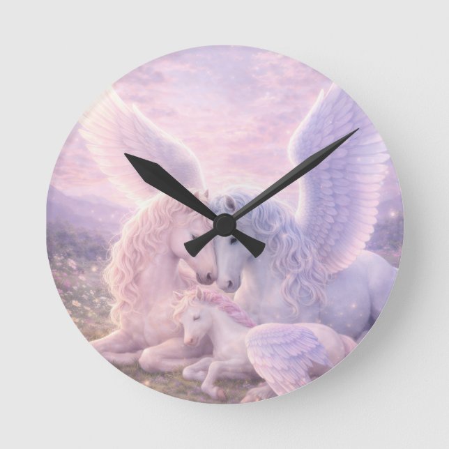 Horloge Ronde Pegasus Family – Soft Pastel Fantasy Canvas Art (Recto)