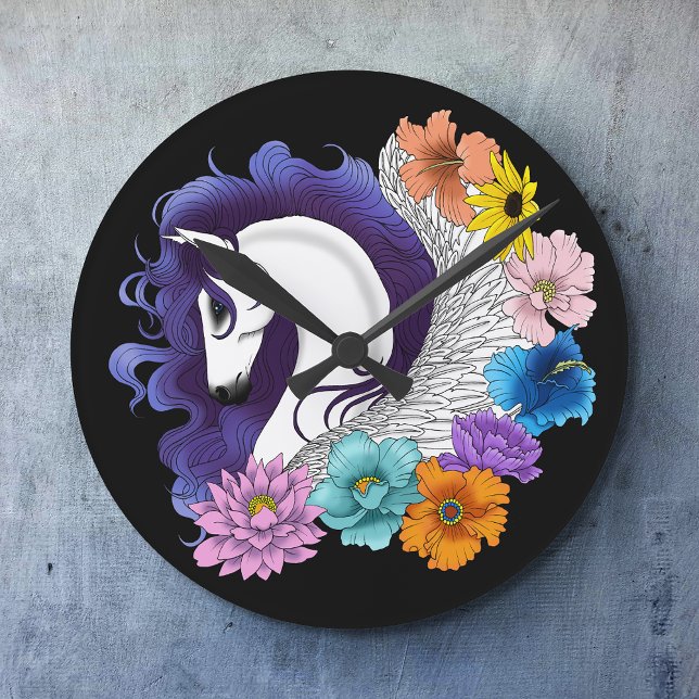 Horloge Ronde Pegasus Noir Floral (Créateur téléchargé)