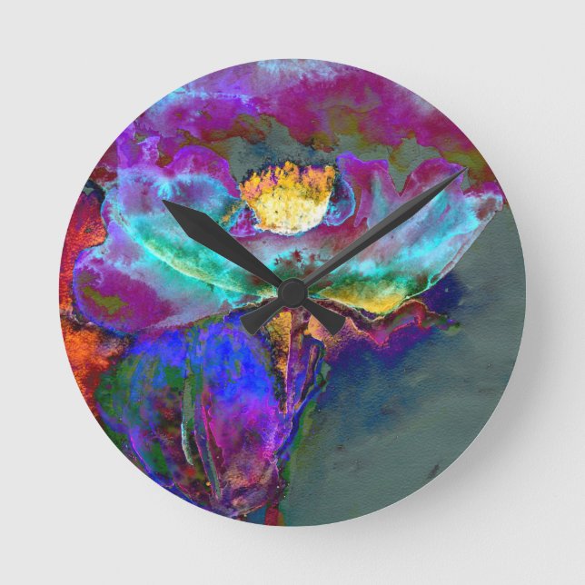 Horloge Ronde Peinture à l'aquarelle violette du pavot de minuit (Recto)