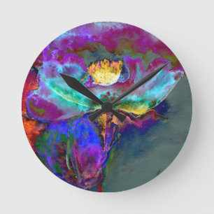 Horloge Ronde Peinture à l'aquarelle violette du pavot de minuit