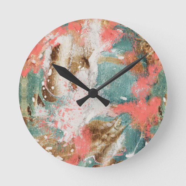 Horloge Ronde Peinture Abstraite moderne Coral Turquoise Or Blan (Recto)