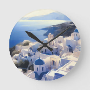 Horloge Ronde Peinture aquarelle de Santorin Grèce