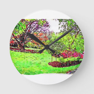 Horloge Ronde Peinture aquarelle d'un jardin luxuriant