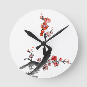 Horloge Ronde Peinture chinoise des fleurs, fleur de prune