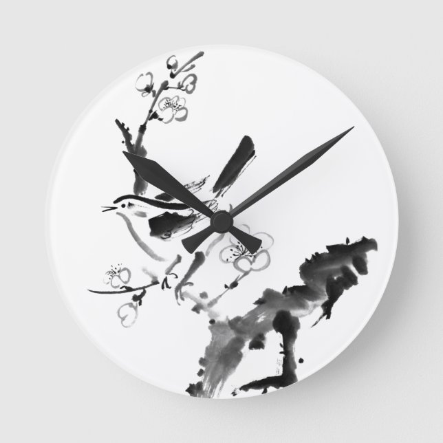 Horloge Ronde Peinture chinoise, fleur de prune et oiseau (Recto)