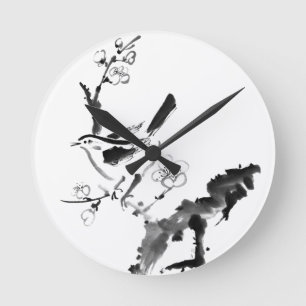 Horloge Ronde Peinture chinoise, fleur de prune et oiseau