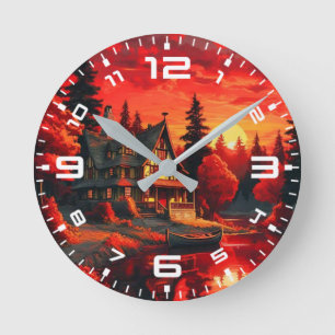 Horloge Ronde Peinture coucher de soleil avec chalet et lac