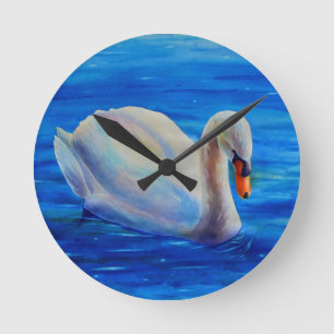 Horloge Ronde Peinture d'aquarelle de cygne blanc, sauvagine, oi