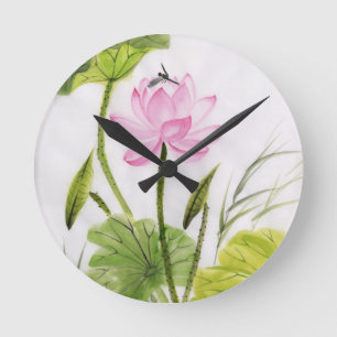 Horloge Ronde Peinture d'aquarelle de la fleur de Lotus 2
