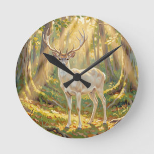 Horloge Ronde Peinture de buck de la forêt dorée majestueuse
