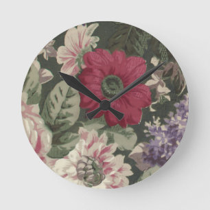 Horloge Ronde Peinture de fleurs vintage rouge rose bleu blanc