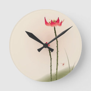Horloge Ronde Peinture de style oriental, grand Lotus