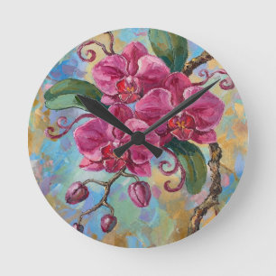 Horloge Ronde Peinture florale d'orchidée rose