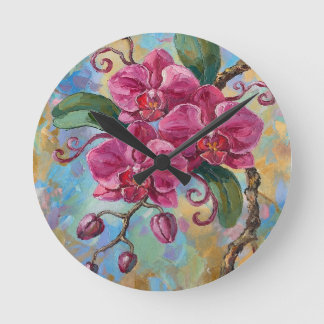 Horloge Ronde Peinture florale d'orchidée rose