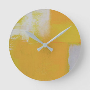Horloge Ronde peinture gris jaune blanc abstrait