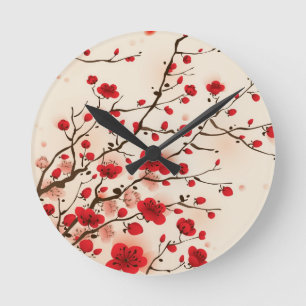 Horloge Ronde Peinture orientale de style, fleur de prune au