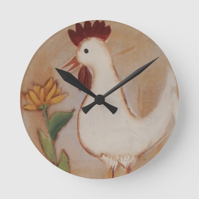 Horloge Ronde Peinture primitive de poulet et de fleurs (Recto)