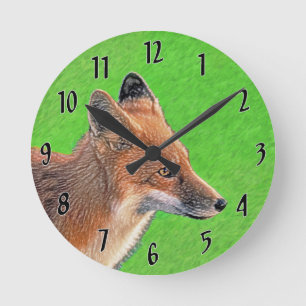 Horloge Ronde Peinture Red Fox - Art original de la faune
