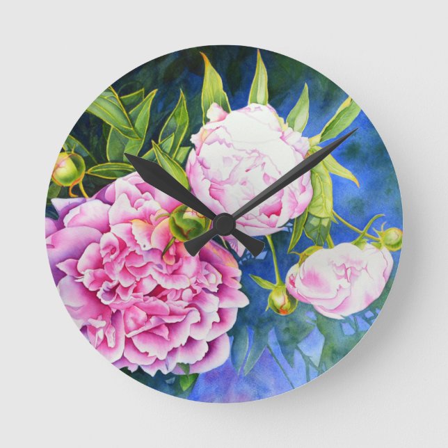 Horloge Ronde Peinture rose blanc | romantique floral (Recto)