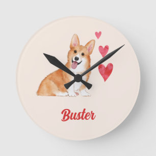 Horloge Ronde Pembroke Welsh Corgi Nom personnalisé de l'animal