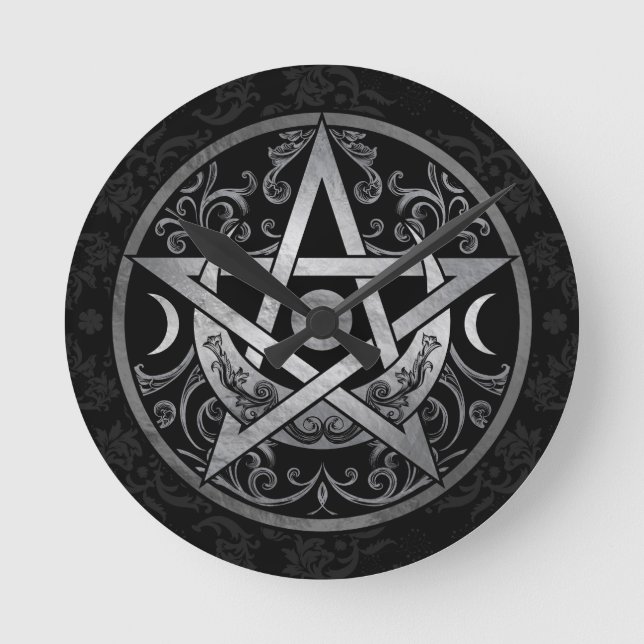 Horloge Ronde Pentagramme - Argent et Noir (Recto)