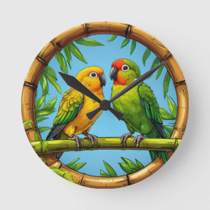 Horloge Ronde Perches colorées de perroquets sur un cadre en bam