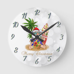 Horloge Ronde Père Noël cool, Palmier, Fond flou de plage