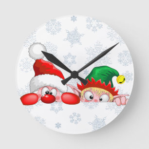 Horloge Ronde Père Noël et Elfe Personnages mignons et drôles qu