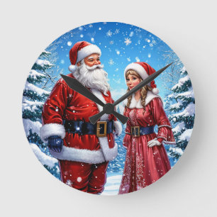 Horloge Ronde Père Noël et Madame Claus festifs