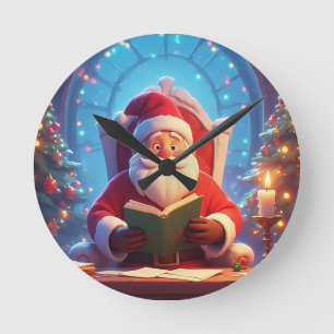 Horloge Ronde Père Noël lisant un livre à la lumière d'une bougi
