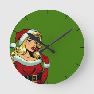 Horloge Ronde Père Noël Pinup : Pop Art Glam