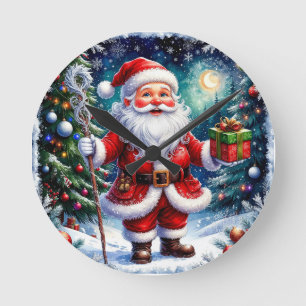 Horloge Ronde Père Noël tenant un cadeau dans un Noël magique