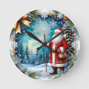 Horloge Ronde Père Noël traditionnel dans un pays des merveilles