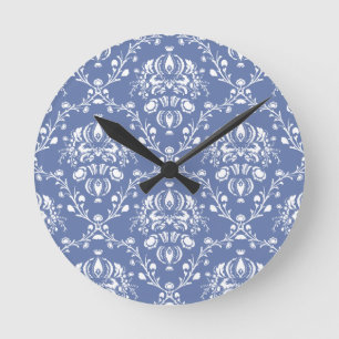 Horloge Ronde Périwinkle bleu et blanc Damas