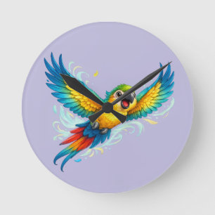Horloge Ronde Perroquet Coloré Heureux en Vol Design d'Oiseau Ka