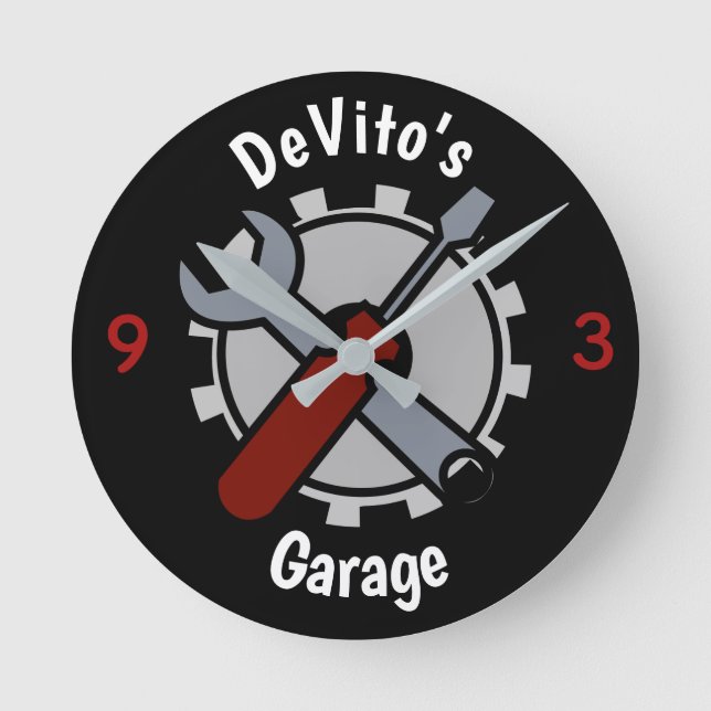 Horloge Ronde Personalize with Name Gear Head Garage (Recto)