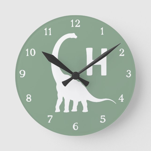 Horloge Ronde Personalized Brontosaurus Kids Wall Clock Sage Gre (Recto)