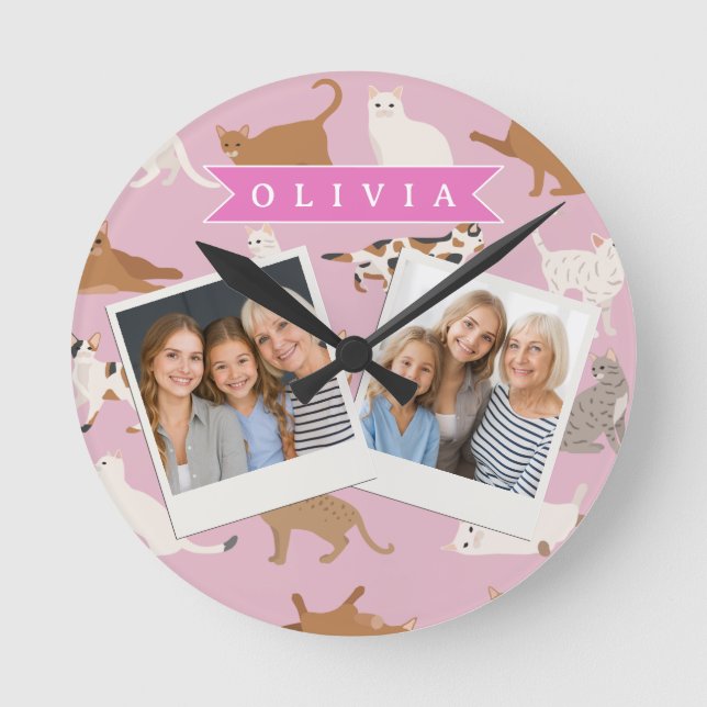 Horloge Ronde Personalized Cute Pink Cat Pattern Gift Cat Lover (Recto)