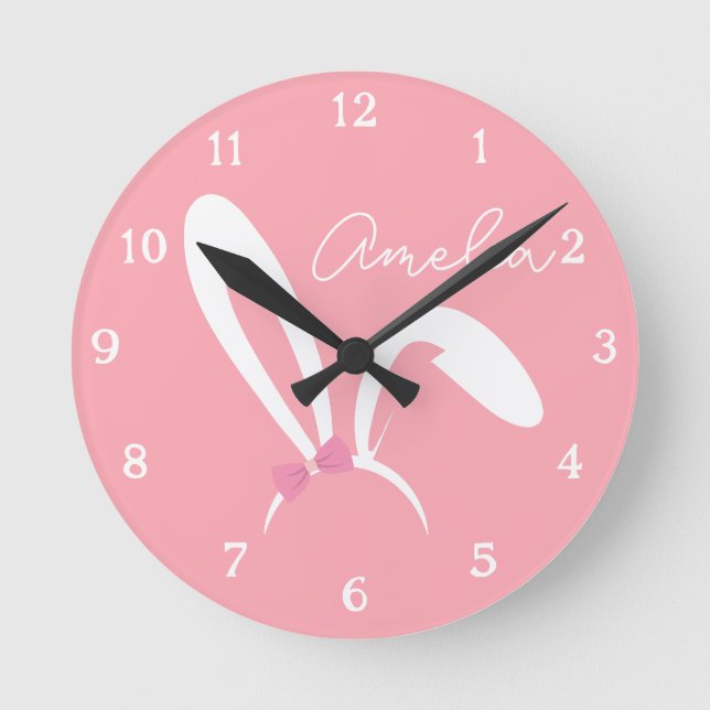 Horloge Ronde Personalized Pink Bunny Nursery Wall Clock Cute (Recto)