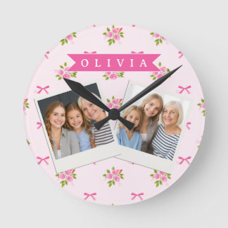 Horloge Ronde Personalized Pink Coquette Girly Bow Floral Name
