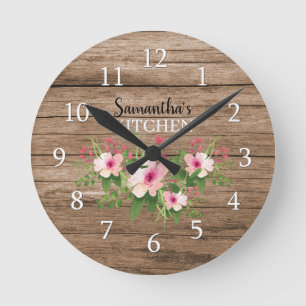 Horloge Ronde Personalized Rustic Wood And Pink Floral Kitchen