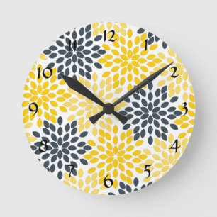 Horloge Ronde Personalized Yellow, Gray Charcoal Modern Floral
