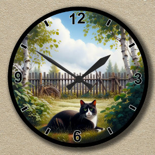 Horloge Ronde Personnalisable Cute Tuxedo Chat Relaxant
