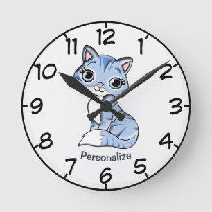 Horloge Ronde Personnalisation de Cute & Adorable Blue Kitten