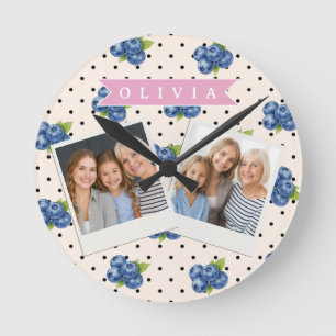 Horloge Ronde Personnalisé bleu points vintage mignon